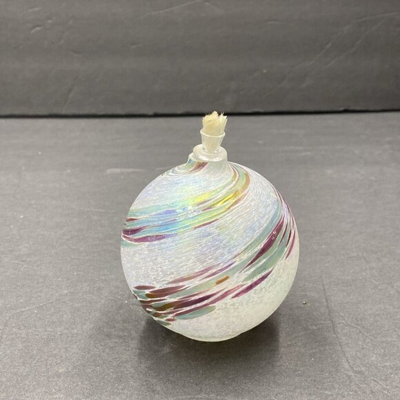 Art Glass Hand Blown Oil Lamp Round White Iridescent Green Pink Swirl w Wick - Picture 1 of 9